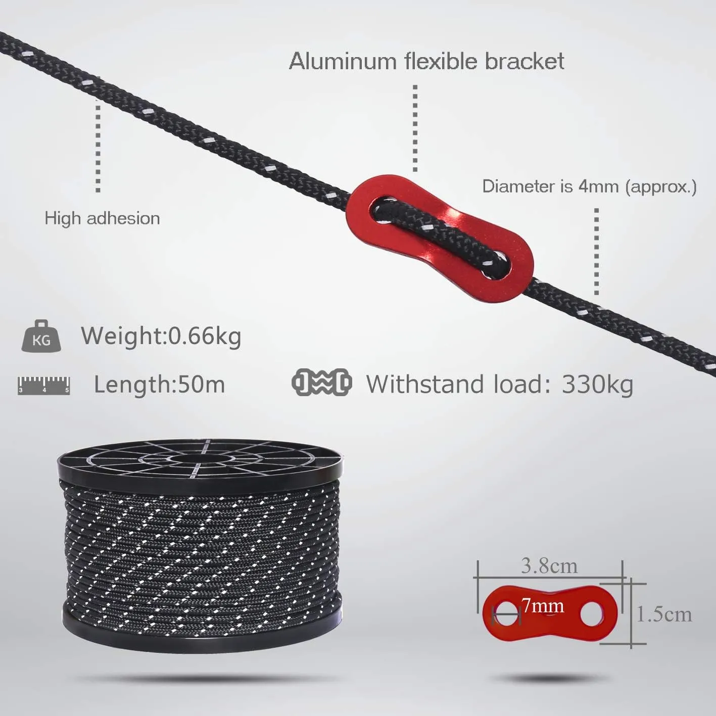 HIKEMAN 50m Reflective Guyline Solid Braid Nylon Camping Rope with Aluminum Adjuster Cord Tensioner Tent Accessory for Outdoor Travel,Hiking,Backpacking and Water Activities (Black, 4mm)