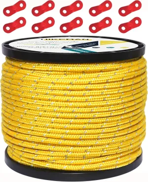 HIKEMAN 50m Reflective Guyline Solid Braid Nylon Camping Rope with Aluminum Adjuster Cord Tensioner Tent Accessory for Outdoor Travel,Hiking,Backpacking and Water Activities (Yellow, 4mm)