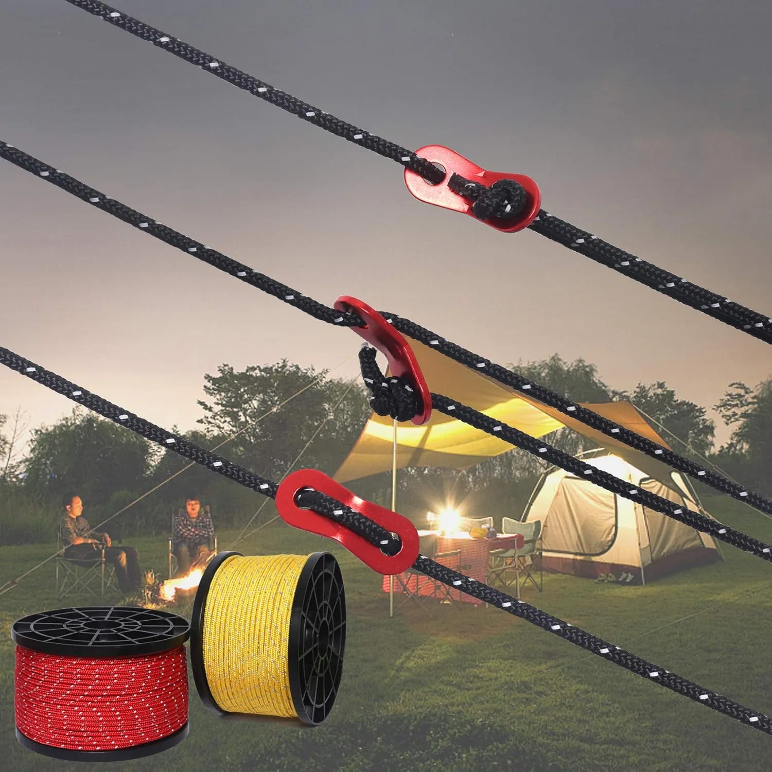 HIKEMAN 50m Reflective Guyline Solid Braid Nylon Camping Rope with Aluminum Adjuster Cord Tensioner Tent Accessory for Outdoor Travel,Hiking,Backpacking and Water Activities (Yellow, 4mm)