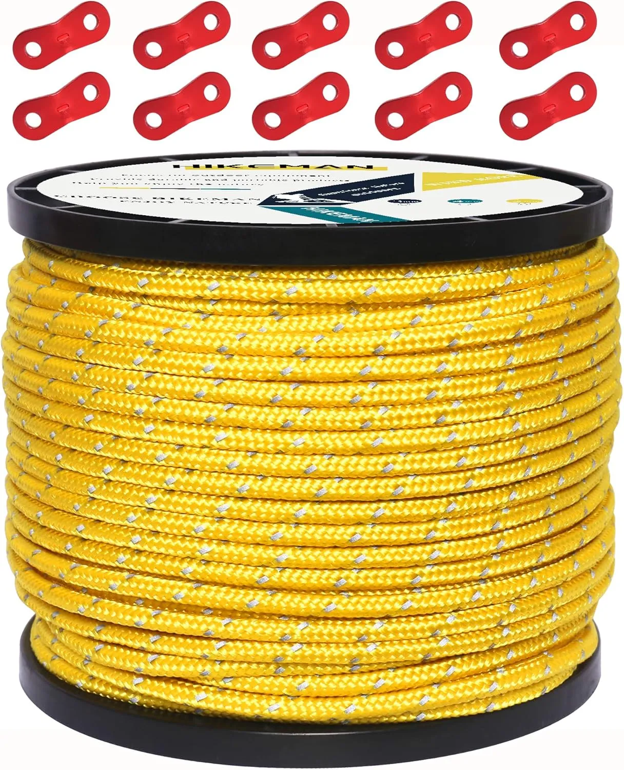 HIKEMAN 50m Reflective Guyline Solid Braid Nylon Camping Rope with Aluminum Adjuster Cord Tensioner Tent Accessory for Outdoor Travel,Hiking,Backpacking and Water Activities (Yellow, 4mm)