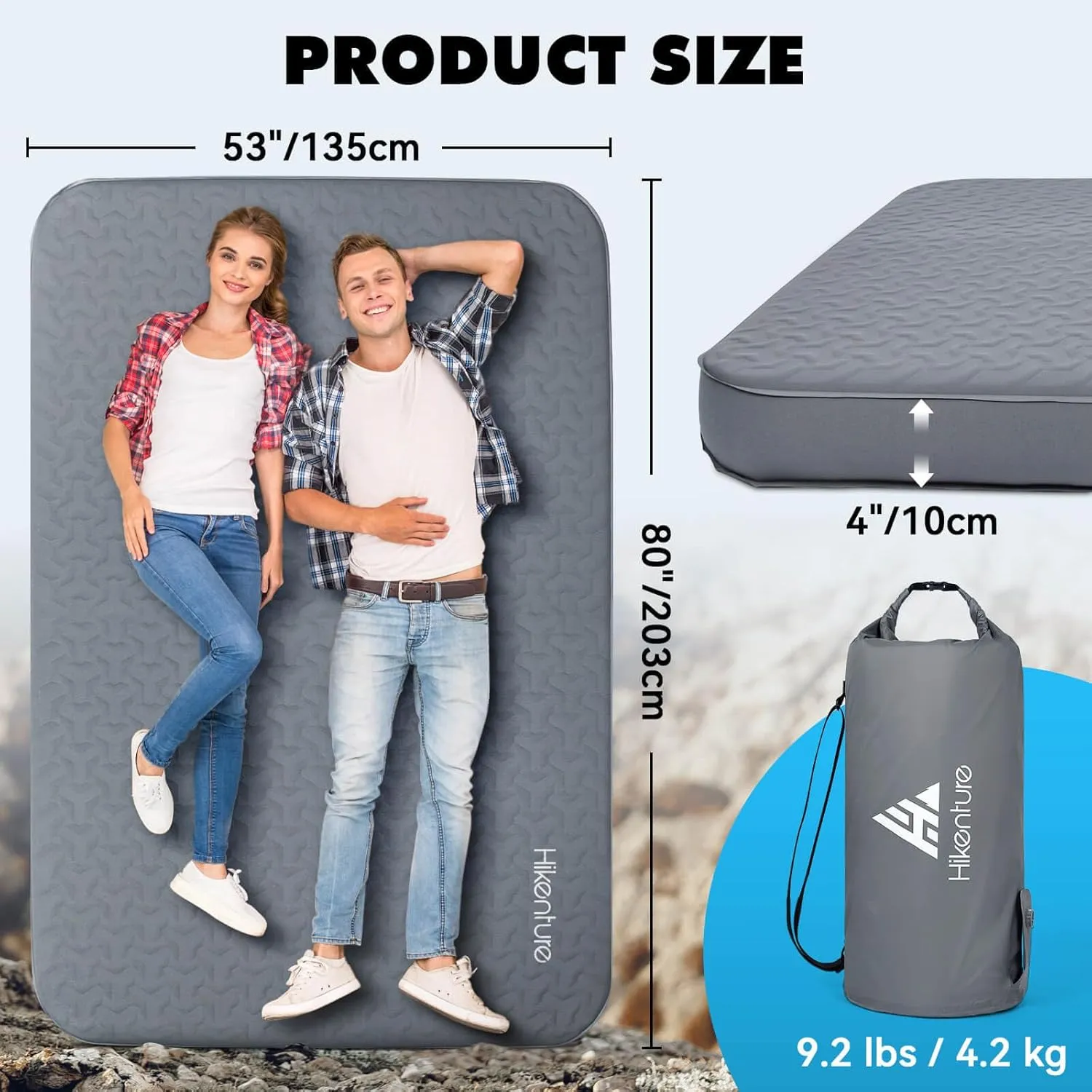 Hikenture 4" Thick Self Inflating Sleeping Pad, Foam & Air Camping Mattress 2 Person, 9.5 R-Value Insulated Sleeping Mat with Pump Sack, Portable Double Camping Pad for Tent, Car, Truck