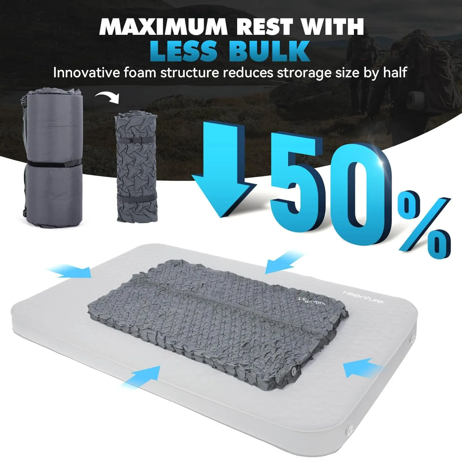 Hikenture 4" Thick Self Inflating Sleeping Pad, Foam & Air Camping Mattress 2 Person, 9.5 R-Value Insulated Sleeping Mat with Pump Sack, Portable Double Camping Pad for Tent, Car, Truck