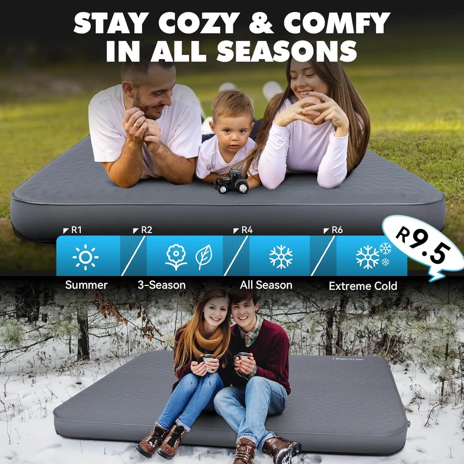 Hikenture 4" Thick Self Inflating Sleeping Pad, Foam & Air Camping Mattress 2 Person, 9.5 R-Value Insulated Sleeping Mat with Pump Sack, Portable Double Camping Pad for Tent, Car, Truck