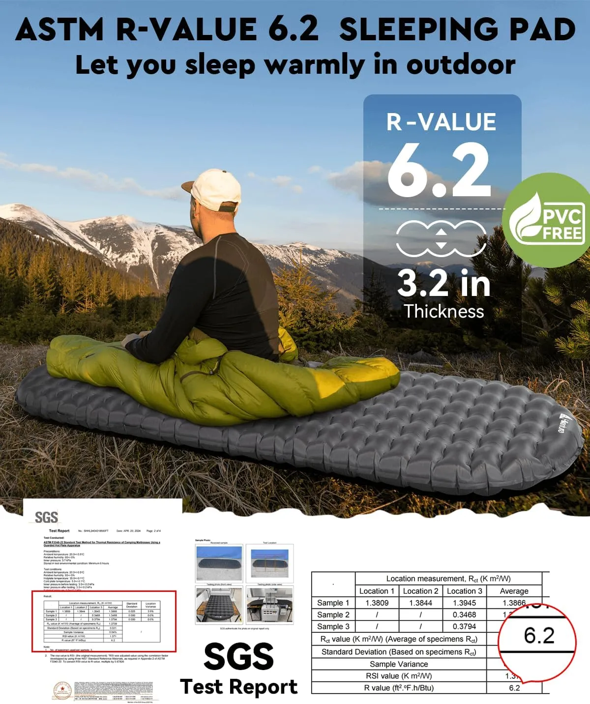 Hikenture Sleeping Pad R-Value 6.2 Insulated Camping Mattress for Cold Weather with Pump Sack(1201-A1)