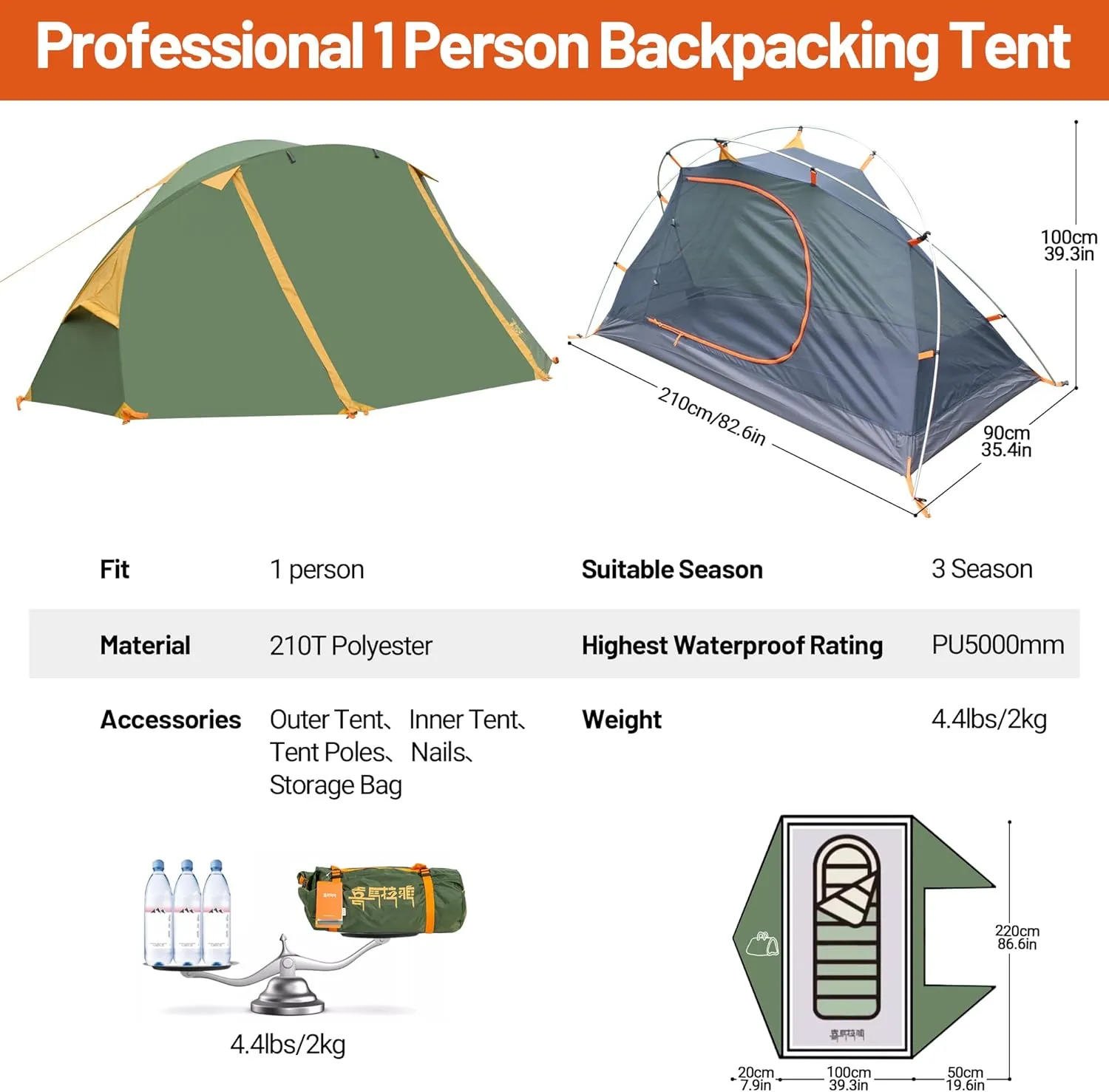 Himalaya Backpacking Tent, 1 Person Camping Tent Lightweight Easy Setup Double Layer Portable Waterproof Windproof for Outdoor Camping Hiking