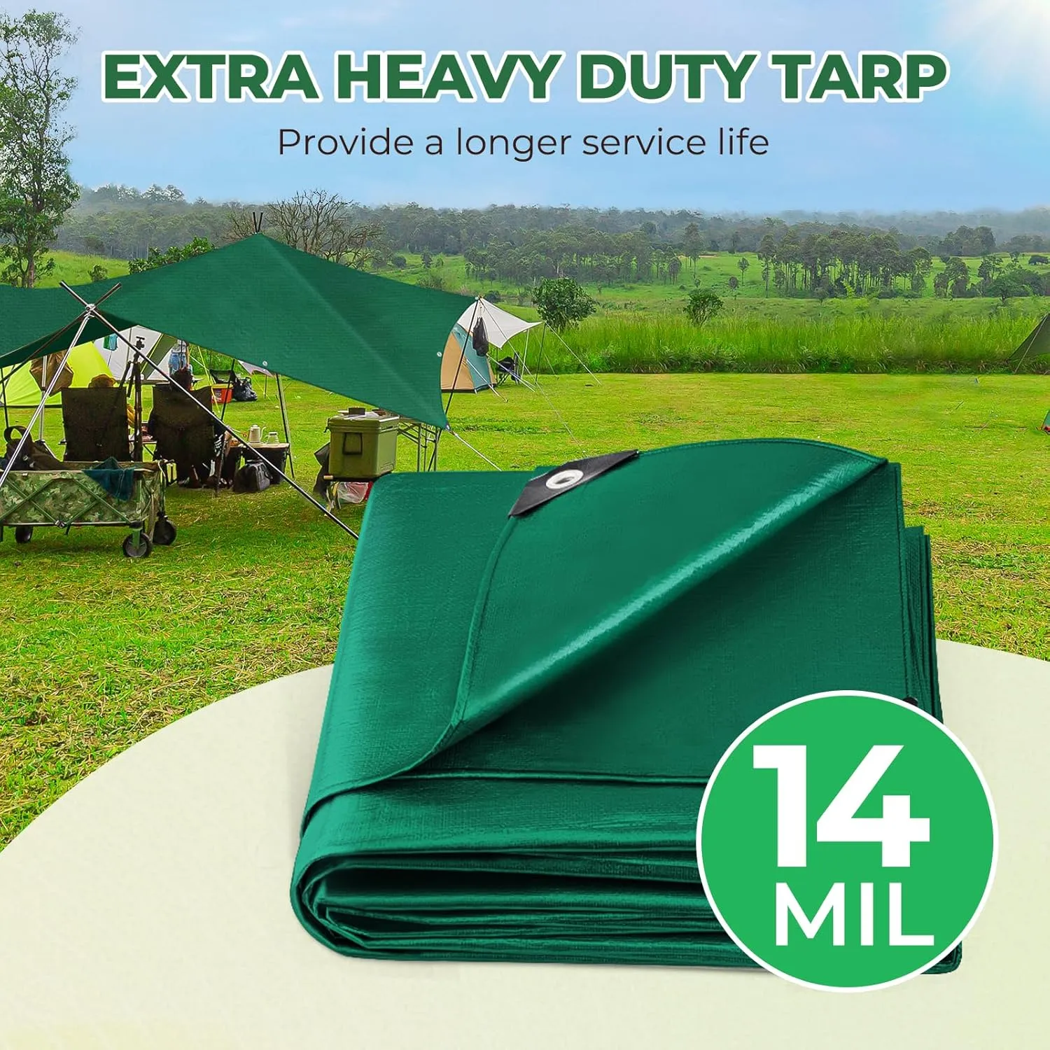 HIRALIY 14 Mil Tarp Waterproof 20x20 Feet, Extra Thick Heavy Duty Tarp with Reinforced Grommets for Firewood, Roof, Camping, Patio, Pool, Boat, Dump Trailer