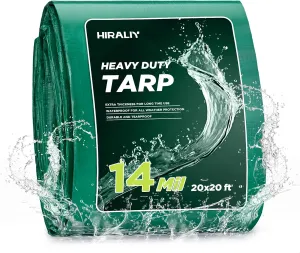 HIRALIY 14 Mil Tarp Waterproof 20x20 Feet, Extra Thick Heavy Duty Tarp with Reinforced Grommets for Firewood, Roof, Camping, Patio, Pool, Boat, Dump Trailer