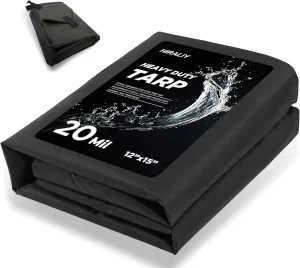 HIRALIY 20 Mil Heavy Duty Waterproof Tarp, 12x15ft Black Tarpaulin with Reinforced Webbing Loops, Multipurpose Oxford Canvas Tarp for Firewood, Roof, Camping, Pool