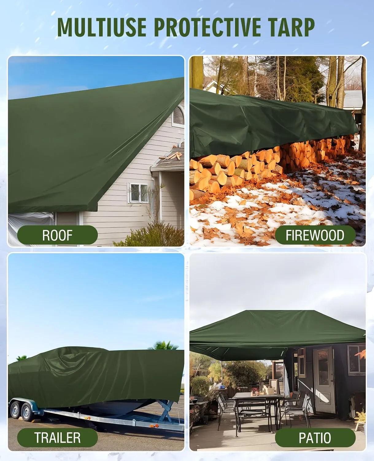 HIRALIY 20 Mil Heavy Duty Waterproof Tarp, Cut Size 10x12ft Green Tarpaulin with Reinforced Webbing Loops, Multipurpose Oxford Canvas Tarp for Firewood, Roof, Camping, Pool