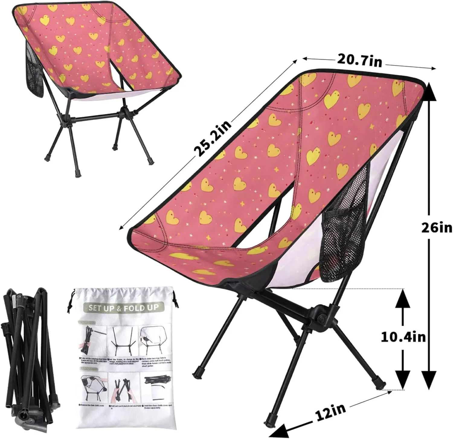 Honeybaby Folding Camping Chair Lovely Hearts Print Camping Chairs Lightweight Portable Chair Outdoor Foldable Chairs for Camping Travel Picnic Beach Hiking