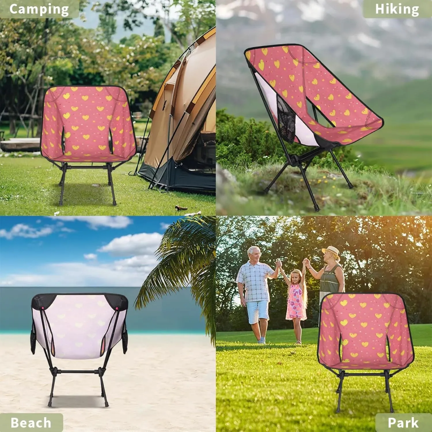 Honeybaby Folding Camping Chair Lovely Hearts Print Camping Chairs Lightweight Portable Chair Outdoor Foldable Chairs for Camping Travel Picnic Beach Hiking
