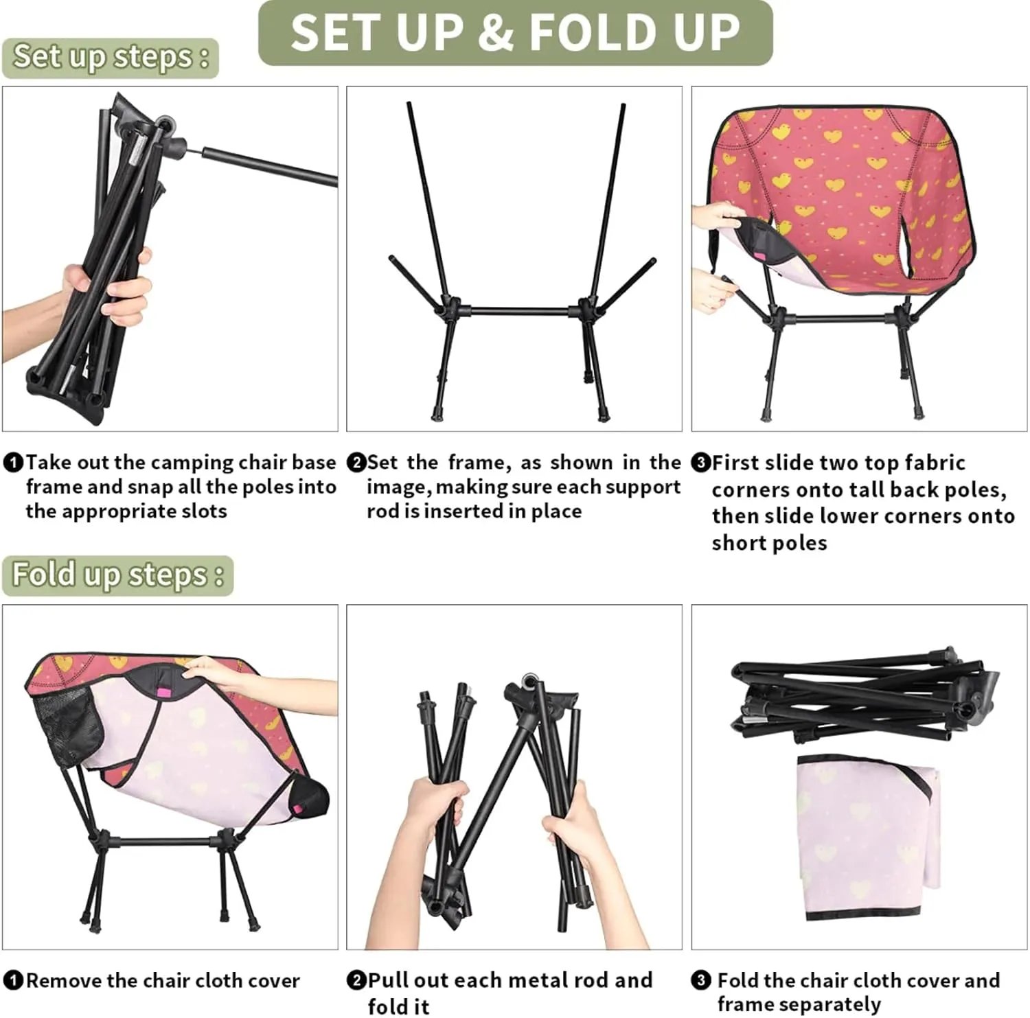 Honeybaby Folding Camping Chair Lovely Hearts Print Camping Chairs Lightweight Portable Chair Outdoor Foldable Chairs for Camping Travel Picnic Beach Hiking