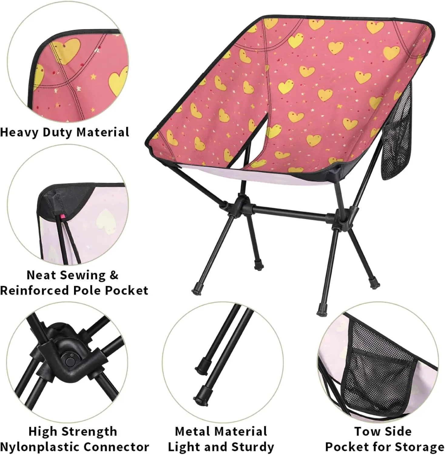 Honeybaby Folding Camping Chair Lovely Hearts Print Camping Chairs Lightweight Portable Chair Outdoor Foldable Chairs for Camping Travel Picnic Beach Hiking