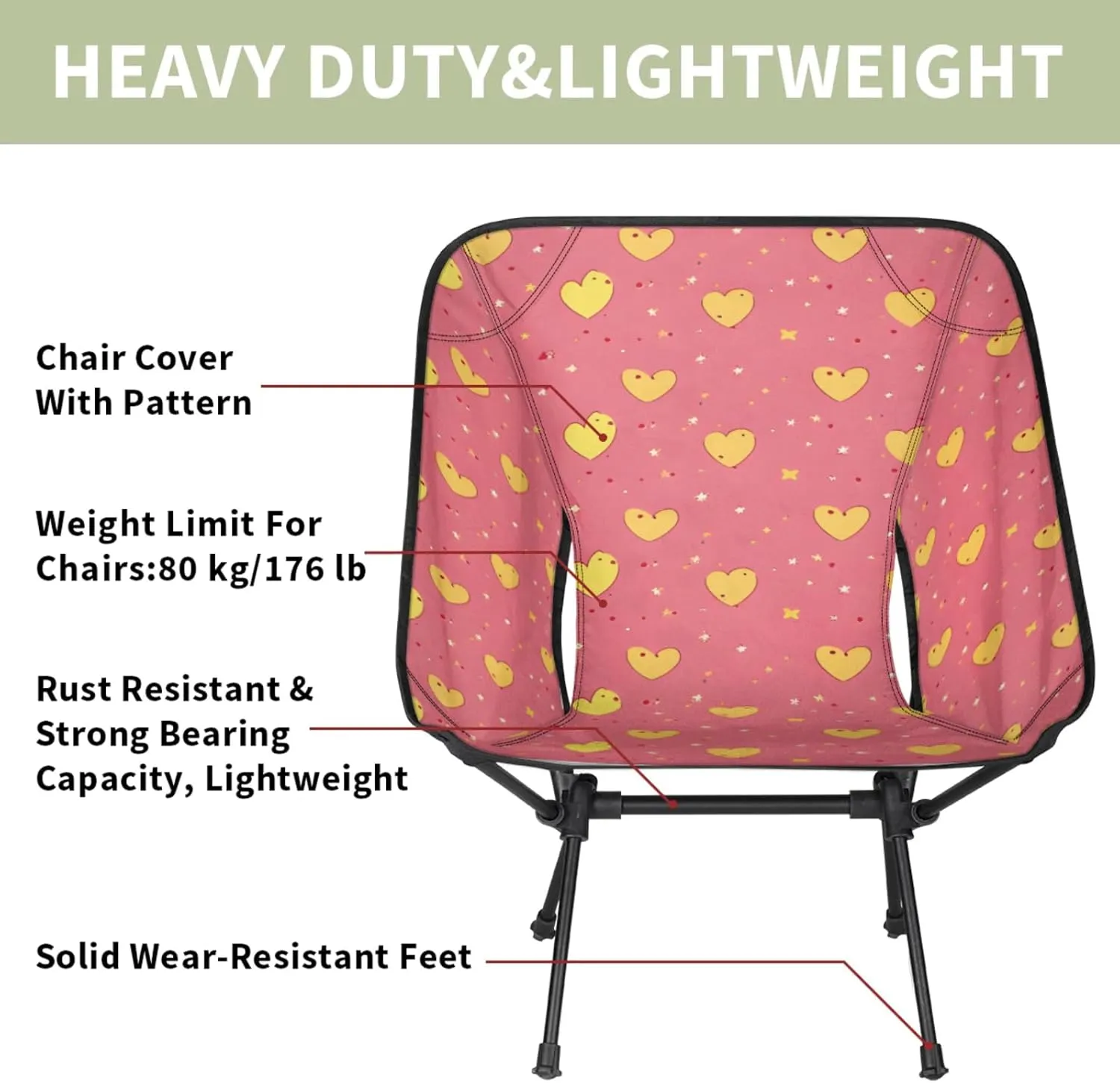 Honeybaby Folding Camping Chair Lovely Hearts Print Camping Chairs Lightweight Portable Chair Outdoor Foldable Chairs for Camping Travel Picnic Beach Hiking