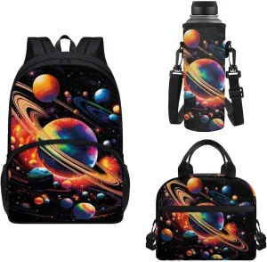 Horeset Solar System Planet Print Backpack Set for Boys School Bag with Lunch Box Water Bottle Sling Bag, Water-Resistant College Students Shoulder Bags Fit Camping Outdoor Travel(3 in 1)