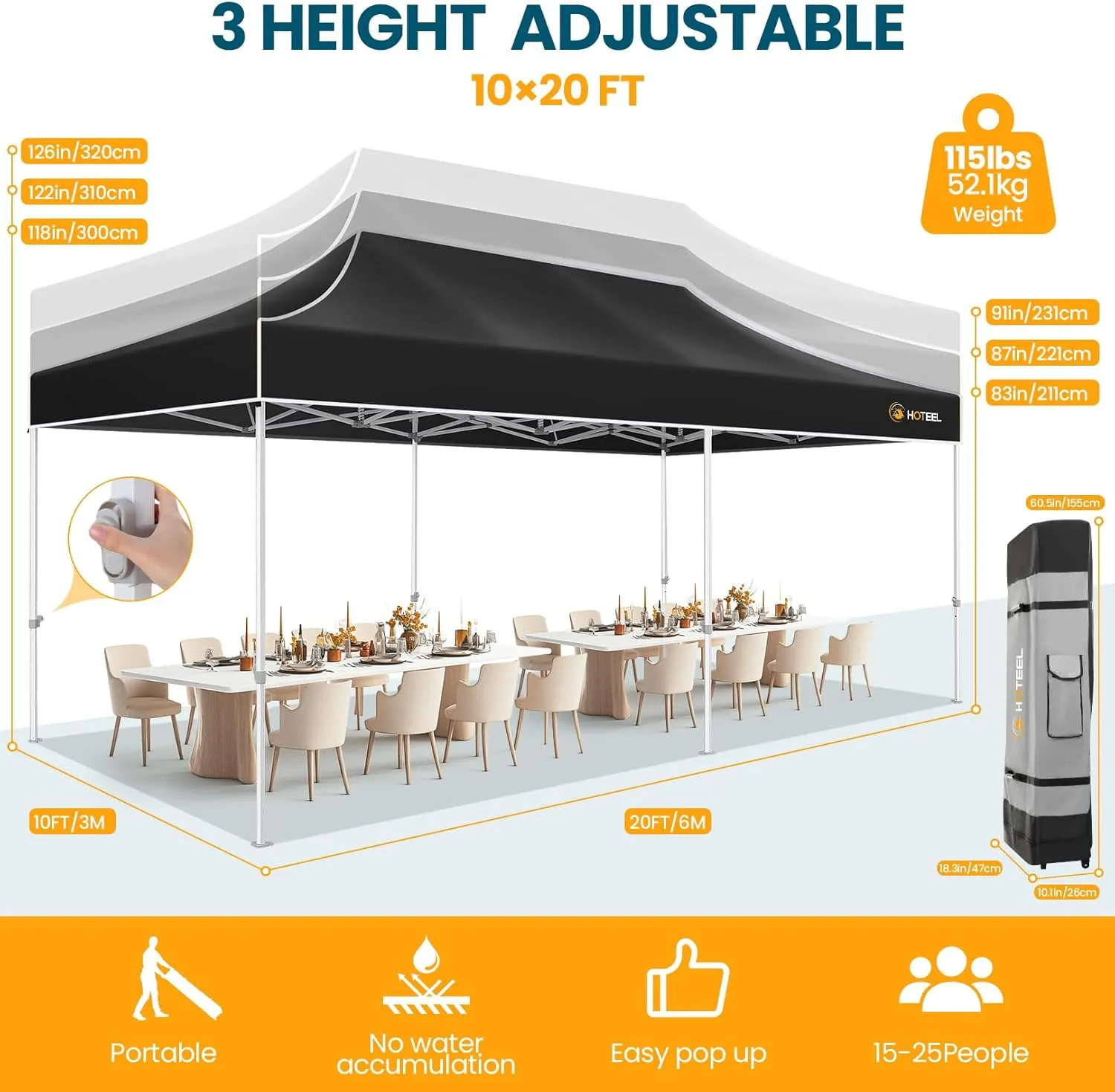 Hoteel 10x20 Pop Up Canopy Tent Heavy Duty with 6 Sidewalls, Waterproof & Flame-Resistant (CPAI-84), Easy Set-up Commercial Instant Tent with Roller Bag & Sandbags, Hexagonal Leg (1-Year Warranty)