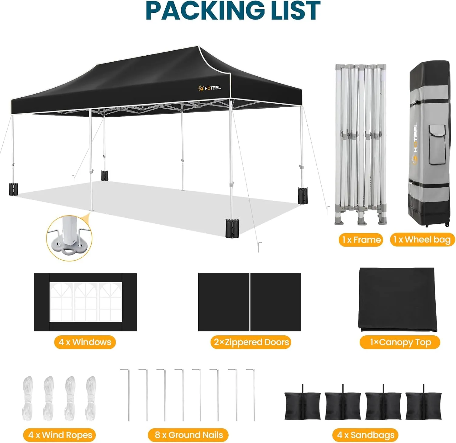 Hoteel 10x20 Pop Up Canopy Tent Heavy Duty with 6 Sidewalls, Waterproof & Flame-Resistant (CPAI-84), Easy Set-up Commercial Instant Tent with Roller Bag & Sandbags, Hexagonal Leg (1-Year Warranty)