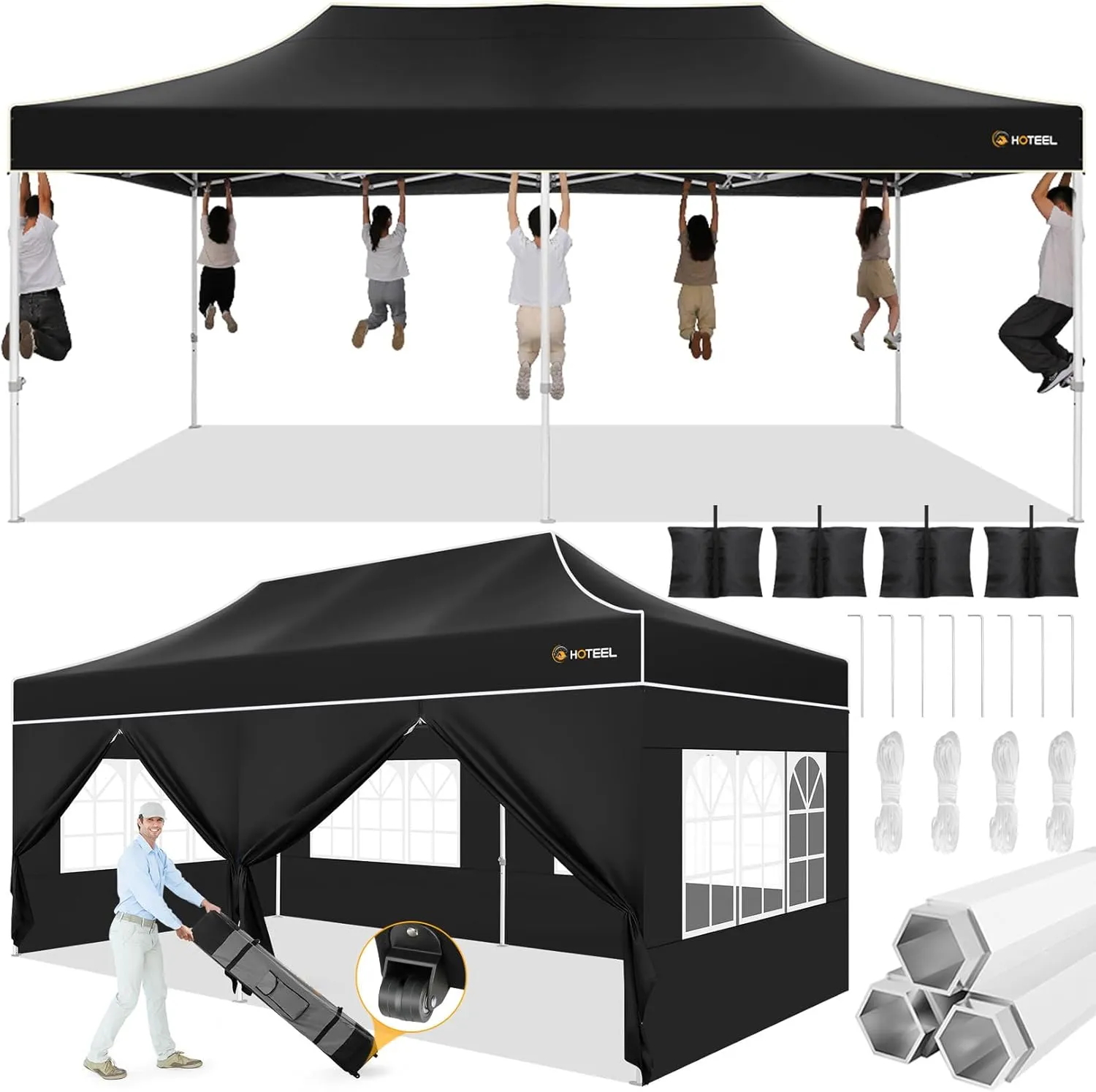 Hoteel 10x20 Pop Up Canopy Tent Heavy Duty with 6 Sidewalls, Waterproof & Flame-Resistant (CPAI-84), Easy Set-up Commercial Instant Tent with Roller Bag & Sandbags, Hexagonal Leg (1-Year Warranty)
