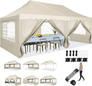 HOTEEL 10x20 Pop Up Canopy,6 Sidewalls & Wheeled Bag & 4 Sandbags, Easy Setup, Waterproof and UV50  Protection, Khaki