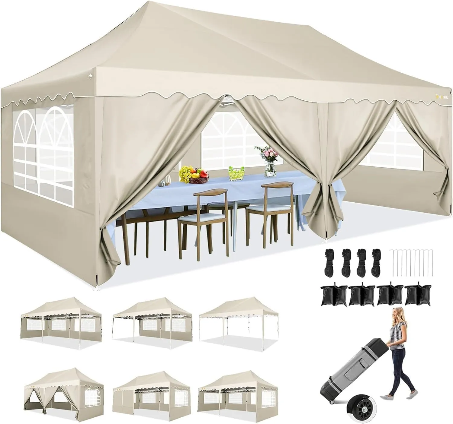 HOTEEL 10x20 Pop Up Canopy,6 Sidewalls & Wheeled Bag & 4 Sandbags, Easy Setup, Waterproof and UV50  Protection, Khaki