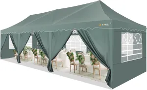 HOTEEL 10x30 Party Tent, Wheeled Bag & Curled Edge & 4 Weights Bags, UPF 50  Waterproof Windproof Wedding Tents for Parties Gazebo, Grey