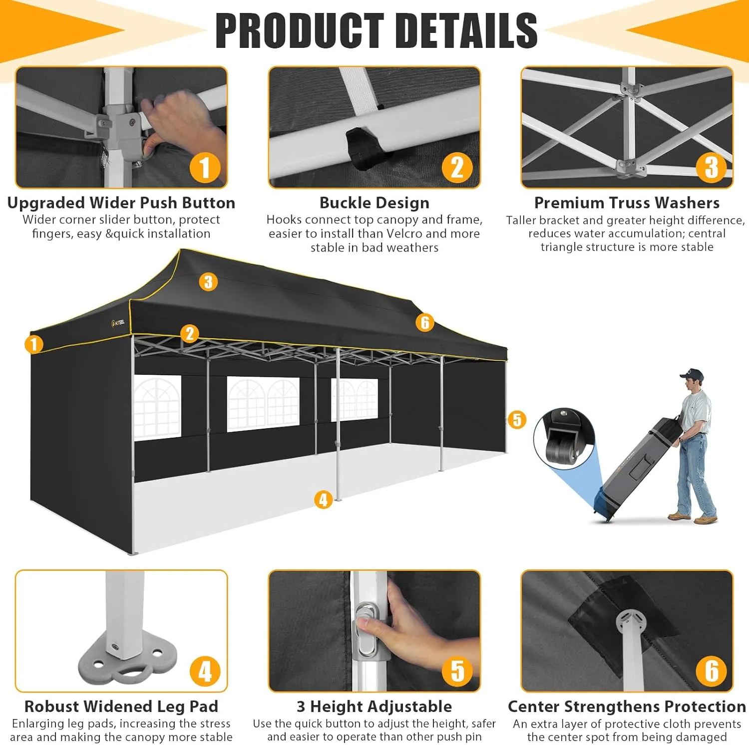 HOTEEL Tents for Parties 10x30 Heavy Duty Pop Up Canopy Tent with 5 Sidewalls&Wheeled Bag, Commercial Event Party Tent Wedding Instant Canopy Waterproof, UV 50 , Upgraded Thicked Hexagonal Legs, Black