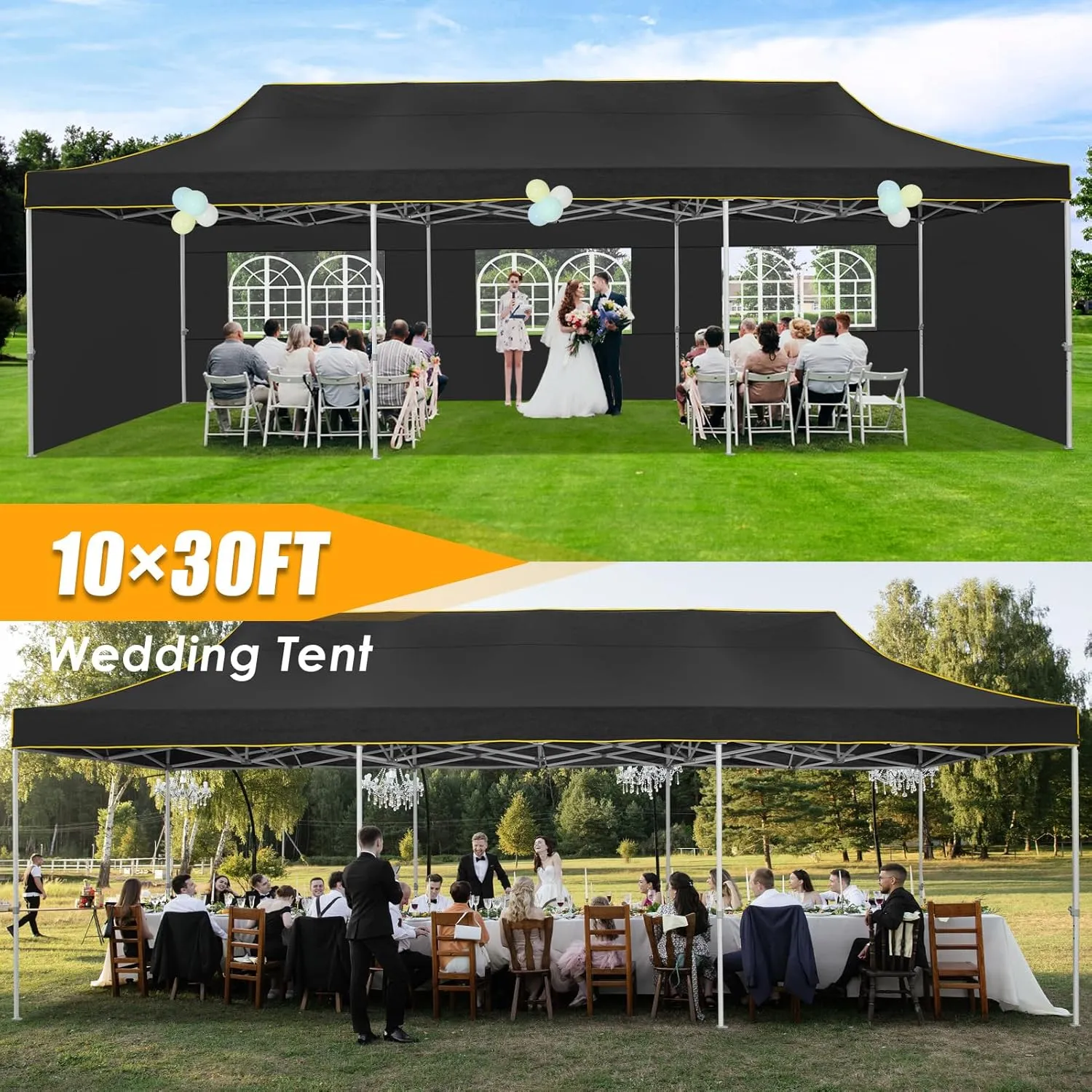 HOTEEL Tents for Parties 10x30 Heavy Duty Pop Up Canopy Tent with 5 Sidewalls&Wheeled Bag, Commercial Event Party Tent Wedding Instant Canopy Waterproof, UV 50 , Upgraded Thicked Hexagonal Legs, Black
