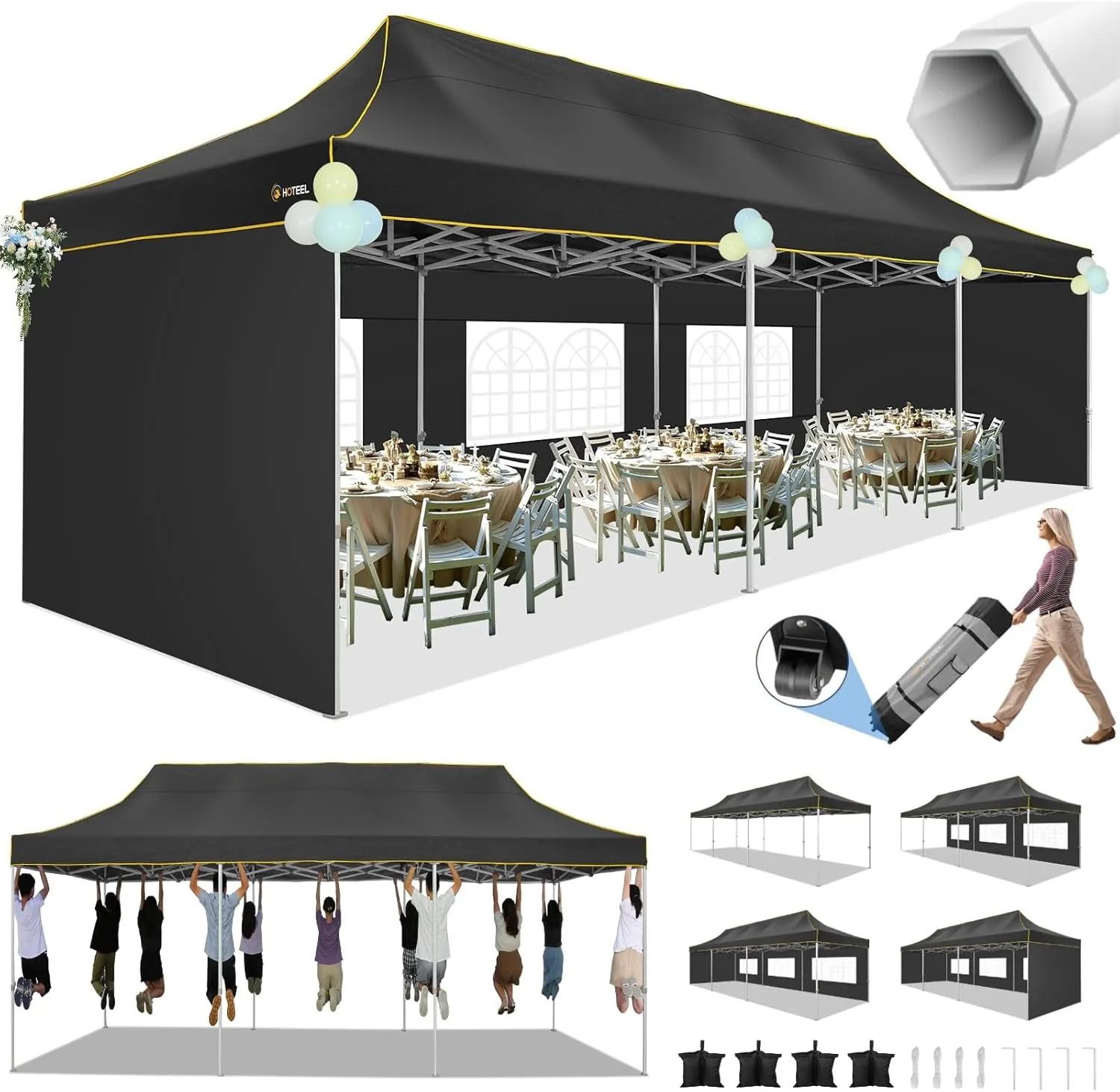 HOTEEL Tents for Parties 10x30 Heavy Duty Pop Up Canopy Tent with 5 Sidewalls&Wheeled Bag, Commercial Event Party Tent Wedding Instant Canopy Waterproof, UV 50 , Upgraded Thicked Hexagonal Legs, Black