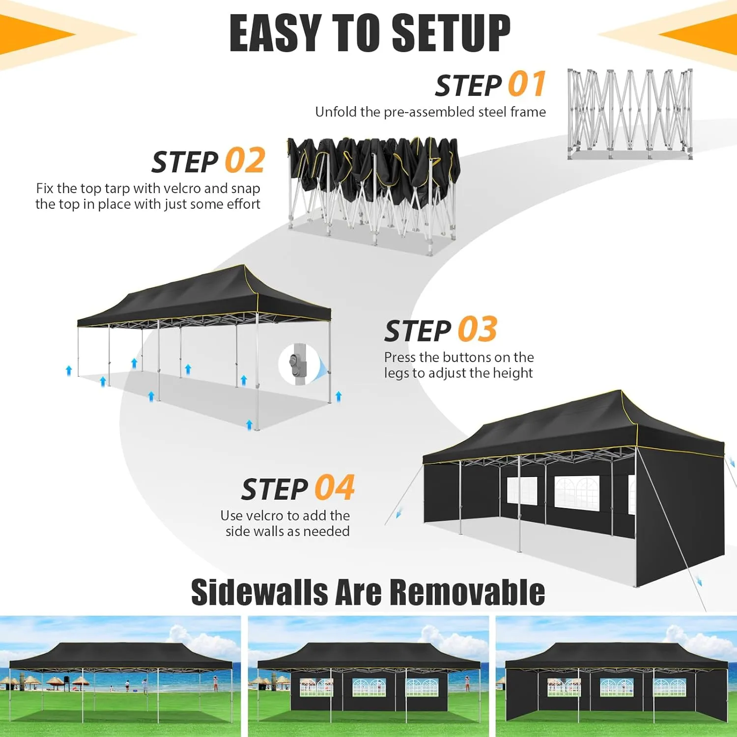HOTEEL Tents for Parties 10x30 Heavy Duty Pop Up Canopy Tent with 5 Sidewalls&Wheeled Bag, Commercial Event Party Tent Wedding Instant Canopy Waterproof, UV 50 , Upgraded Thicked Hexagonal Legs, Black