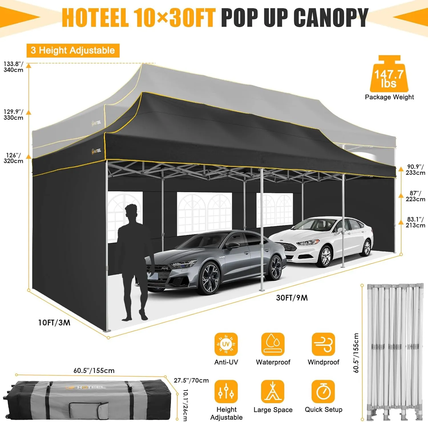 HOTEEL Tents for Parties 10x30 Heavy Duty Pop Up Canopy Tent with 5 Sidewalls&Wheeled Bag, Commercial Event Party Tent Wedding Instant Canopy Waterproof, UV 50 , Upgraded Thicked Hexagonal Legs, Black