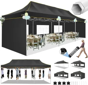 HOTEEL Tents for Parties 10x30 Heavy Duty Pop Up Canopy Tent with 5 Sidewalls&Wheeled Bag, Commercial Event Party Tent Wedding Instant Canopy Waterproof, UV 50 , Upgraded Thicked Hexagonal Legs, Black
