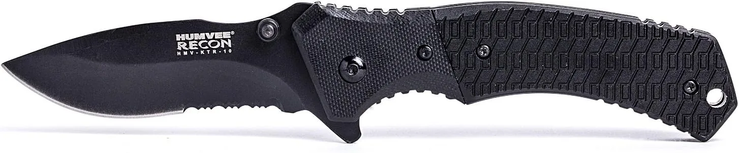 Humvee HMV-KTR-10 Recon 10 Folding Knife with Partially Serrated Stainless Steel Blade and Thumb Stud, Black