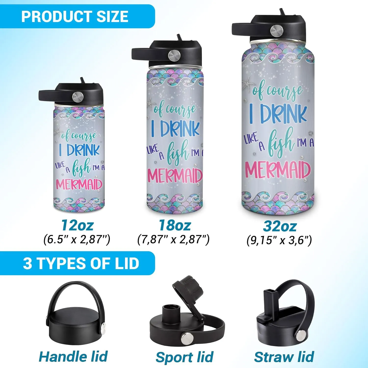Hyturtle Personalized Mermaid Water Bottle - Custom Name Insulated Stainless Steel Bottle with Leak-Proof Lid 18oz 32oz - Gift for Women Girls Mermaid Lovers - Birthday & Christmas Gift