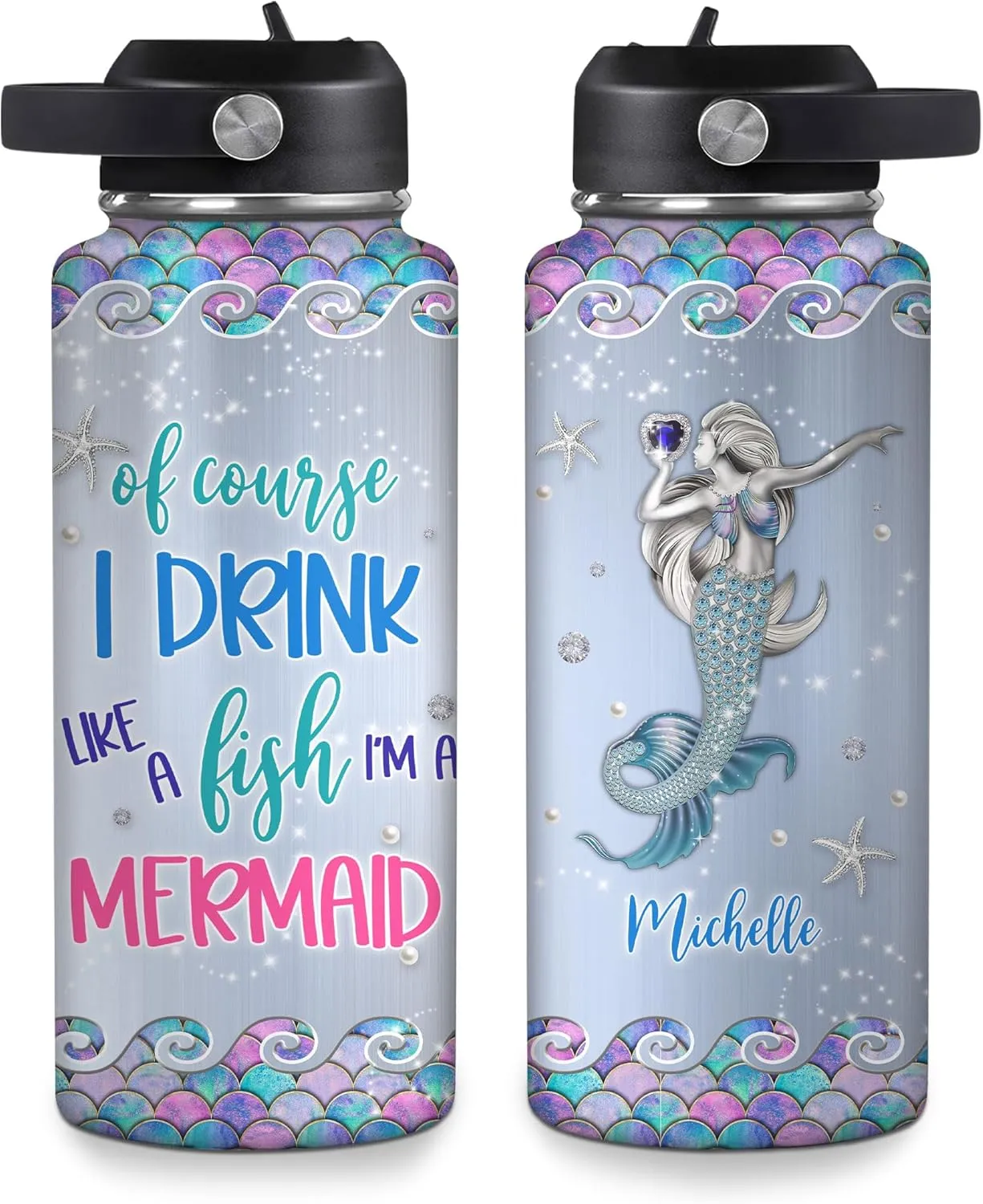 Hyturtle Personalized Mermaid Water Bottle - Custom Name Insulated Stainless Steel Bottle with Leak-Proof Lid 18oz 32oz - Gift for Women Girls Mermaid Lovers - Birthday & Christmas Gift