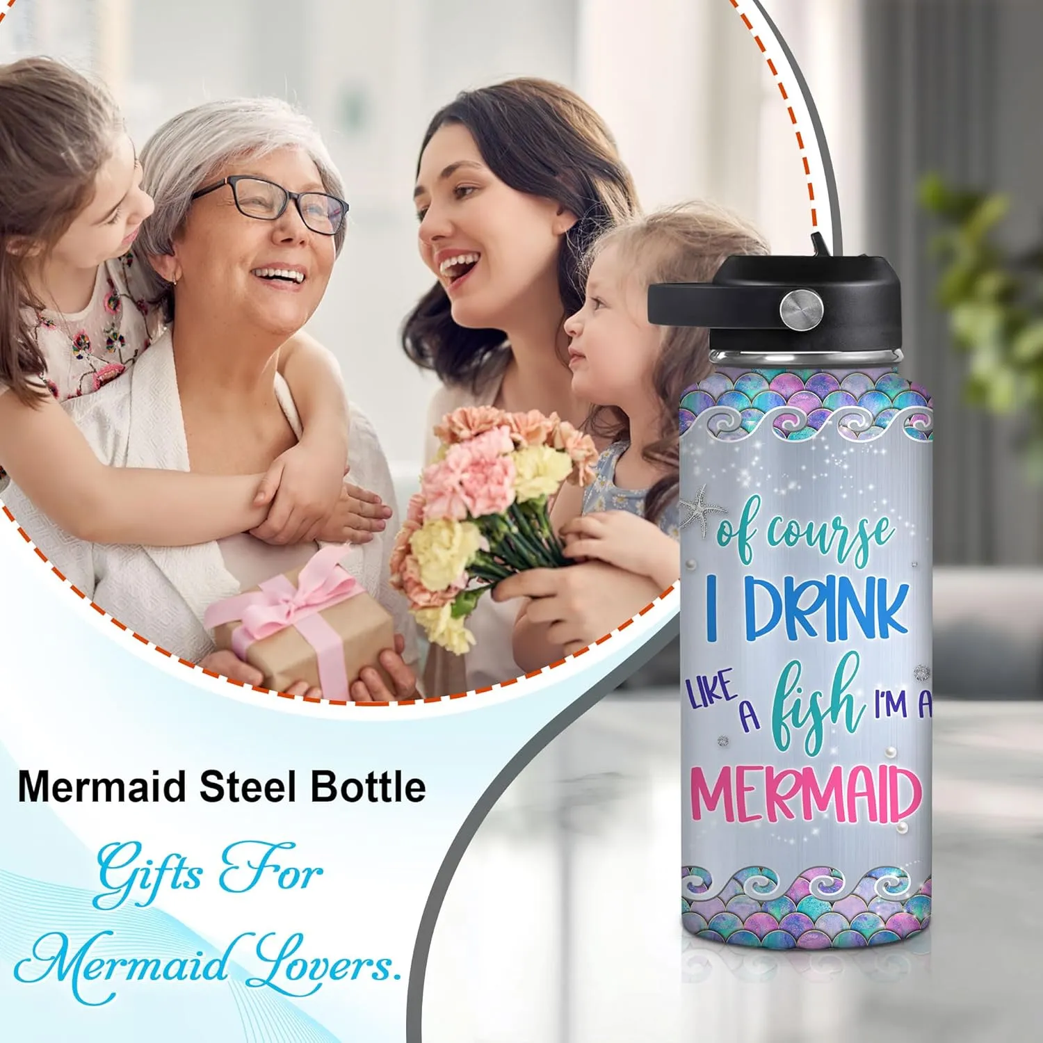 Hyturtle Personalized Mermaid Water Bottle - Custom Name Insulated Stainless Steel Bottle with Leak-Proof Lid 18oz 32oz - Gift for Women Girls Mermaid Lovers - Birthday & Christmas Gift