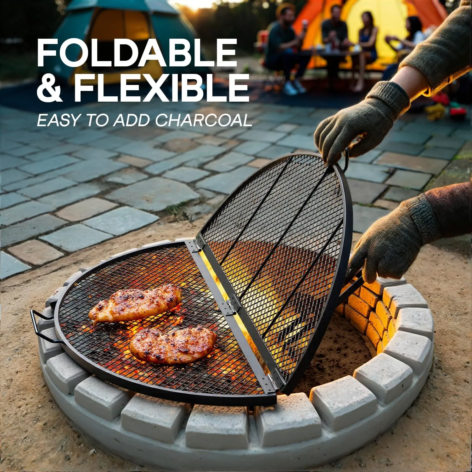 IDZO 36-Inch Foldable Fire Pit Grill Grate, Heavy-Duty Steel BBQ Grill, Cooking Grate with Handles, Portable Charcoal Grill for Campfire Cooking, Outdoor Stove Compatible, Black