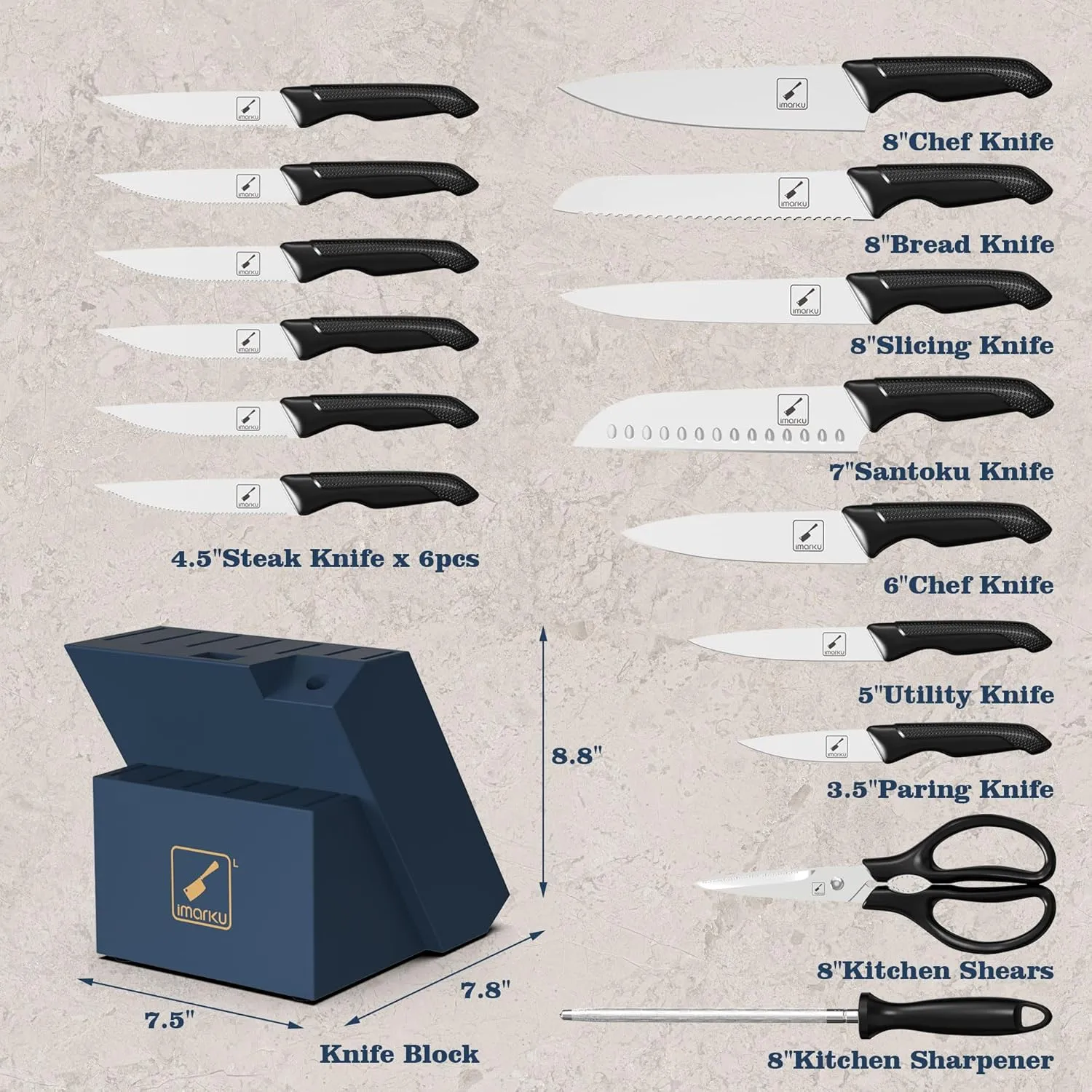 imarku Kitchen Knives Set, 16 Pcs Stainless Steel Knife Set with Block and Sharpener, Dishwasher Safe, Knife Block Set with Ergonomic Handle, Gifts for Women