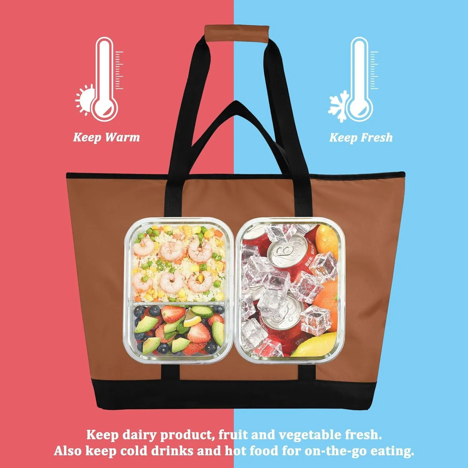 Insulated Cooler Bag with Zipper Hot or Cold Carrier Portable Travel Insulated Bag for Shopping Food Travel Beach Camping