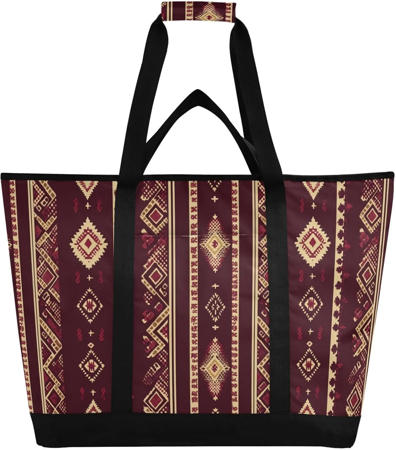 Insulated Cooler Tote Bag Keeps Food Hot or Cold Foldable Reusable and Leak Proof Food Grocery Bag for Travel Lunch Camping Beach Vintage Bohemian Style Pattern Dark Red and Gold