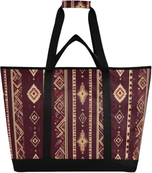 Insulated Cooler Tote Bag Keeps Food Hot or Cold Foldable Reusable and Leak Proof Food Grocery Bag for Travel Lunch Camping Beach Vintage Bohemian Style Pattern Dark Red and Gold