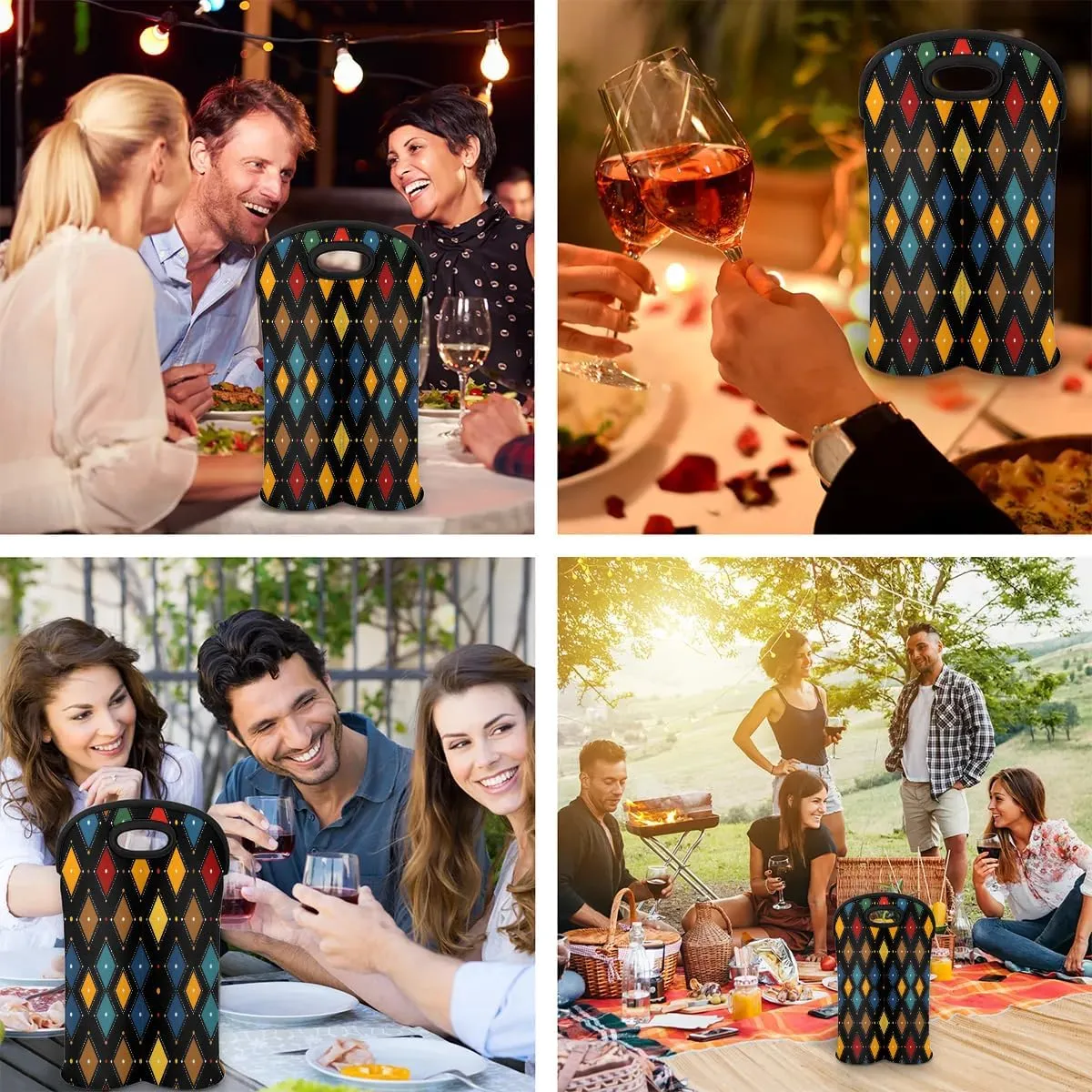 Insulated Wine Bag Radiant Texture Printings Neoprene 2-Bottle Wine Tote Bag Stylish Wine Gift Bag for Wine Lovers Portable Wine Bottle Travel Protector Bags for Picnics Parties Camping