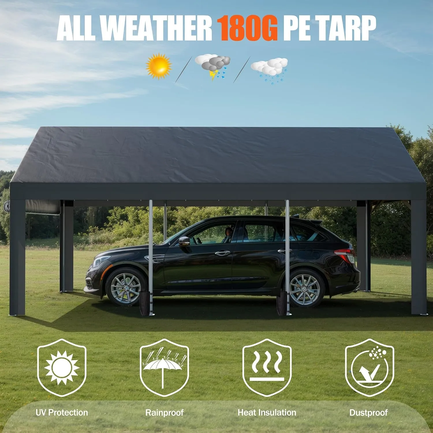 JAMFLY Carport, 12x20 ft Heavy Duty Carport with Roll-up Windows, Portable Garage with Removable Sidewalls & Doors, Car Canopy with Sandbags and All-Season Tarp for Car Boat Truck Motorcycle