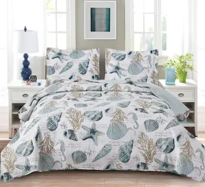 Jarson Summer Beach Bedspreads Set Seashell Conch Coverlet Sets King Size,3Pcs Lightweight Coastal Quilts Starfish Seahorse Seaweed Printed Bedding Pillow Shams