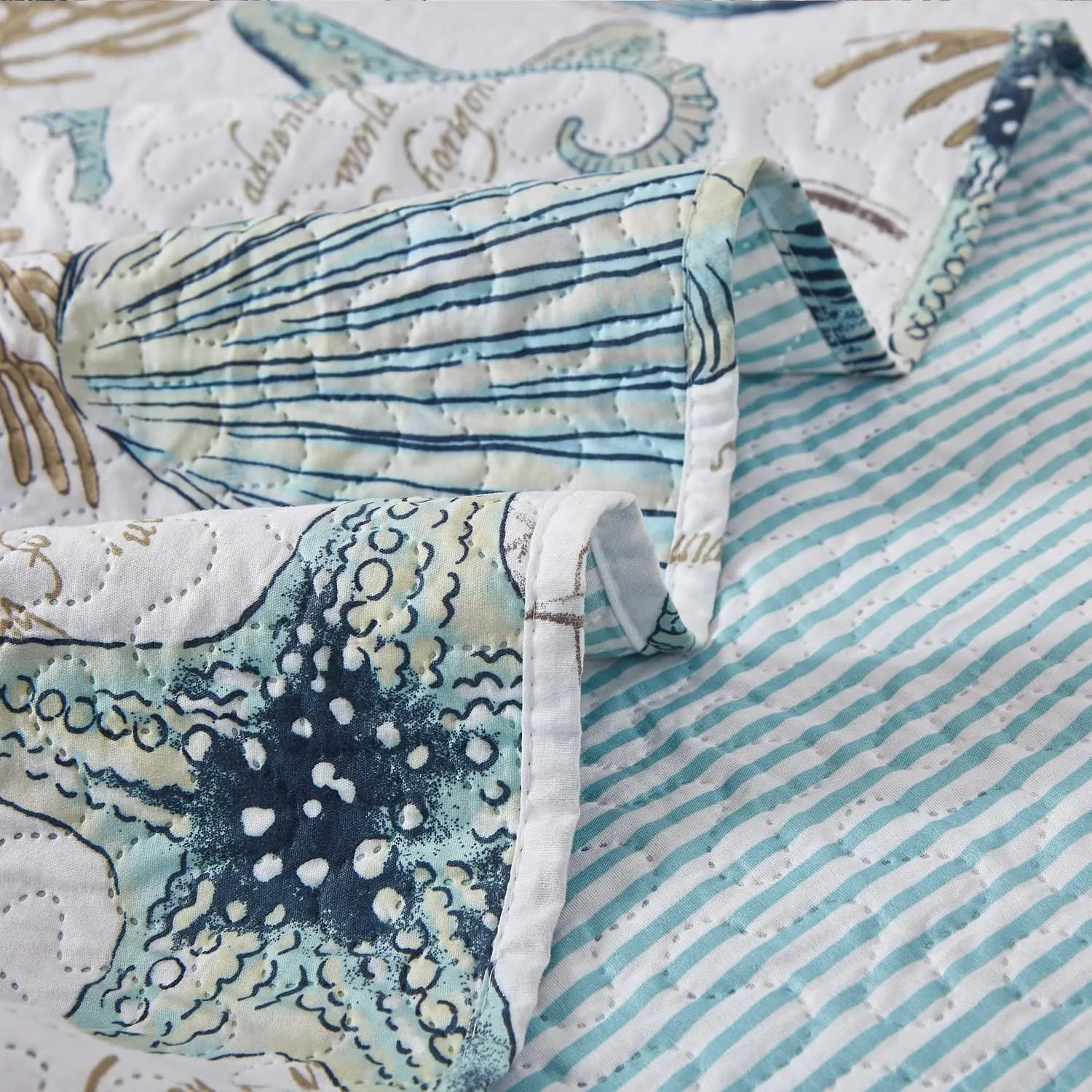 Jarson Summer Beach Bedspreads Set Seashell Conch Coverlet Sets King Size,3Pcs Lightweight Coastal Quilts Starfish Seahorse Seaweed Printed Bedding Pillow Shams