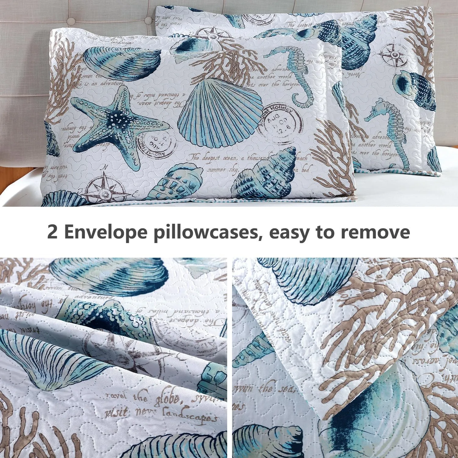 Jarson Summer Beach Bedspreads Set Seashell Conch Coverlet Sets King Size,3Pcs Lightweight Coastal Quilts Starfish Seahorse Seaweed Printed Bedding Pillow Shams
