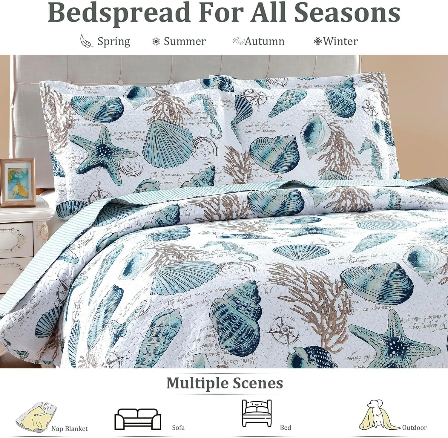 Jarson Summer Beach Bedspreads Set Seashell Conch Coverlet Sets King Size,3Pcs Lightweight Coastal Quilts Starfish Seahorse Seaweed Printed Bedding Pillow Shams