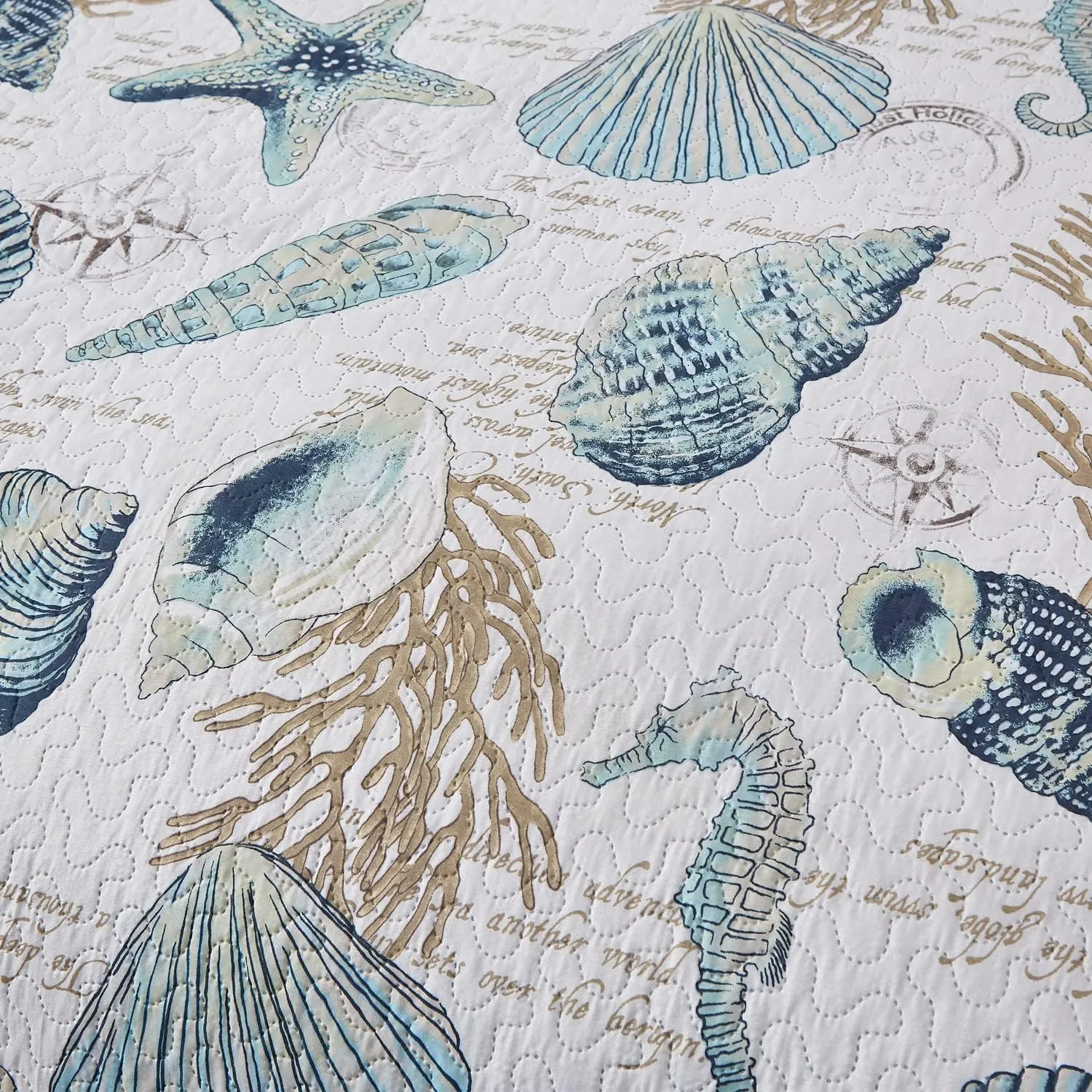 Jarson Summer Beach Bedspreads Set Seashell Conch Coverlet Sets King Size,3Pcs Lightweight Coastal Quilts Starfish Seahorse Seaweed Printed Bedding Pillow Shams
