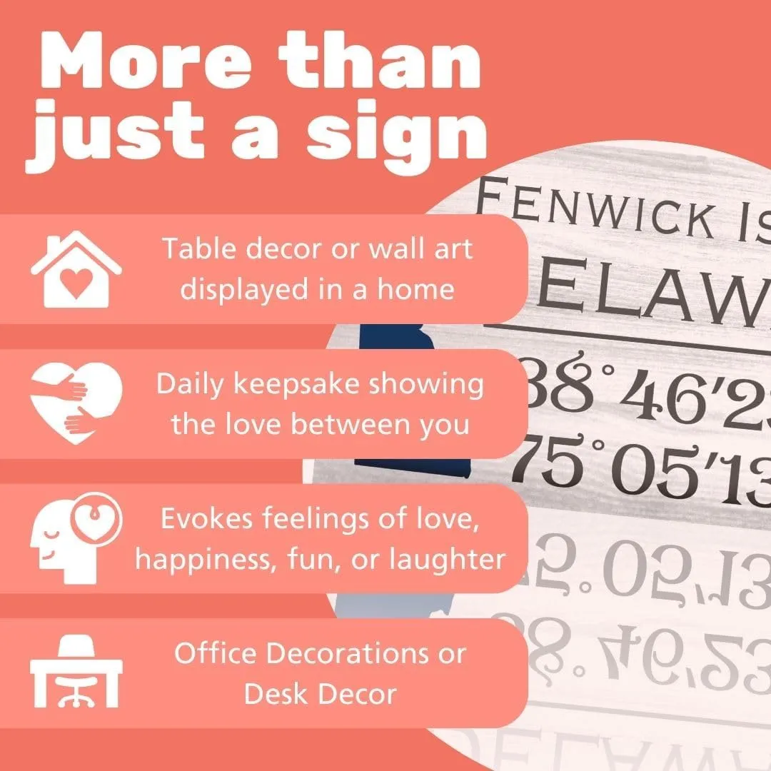 JennyGems Fenwick Island Delaware Gifts and Souvenirs, Delaware Sign, Compass Coordinates, Beach Decor, Shelf and Wall Art