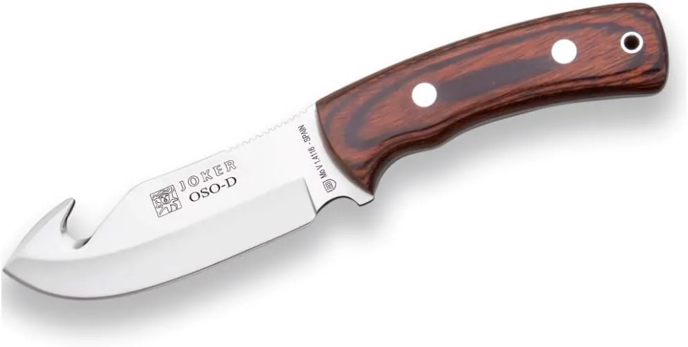 Joker Skinning Knife OSO-D CR56, with Toothed Spine, red Wood Stamina Handle, Blade 4.52 inches MOVA, Leather Sheath, Fishing Tool, Hunting, Camping and Hiking