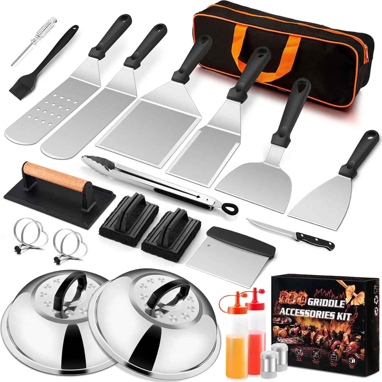 Joyfair 25Pcs Griddle Accessories Kit (with Melting Dome), Stainless Steel Flat Top Grilling Spatula Accessory Tools Set with Basting Covers Burger Press, for Outdoor BBQ Teppanyaki Hibachi Cooking